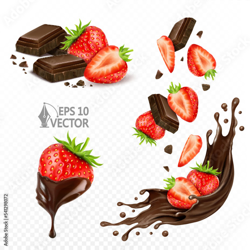 Set with fresh strawberries in delicious chocolate sauce. Ripe berries falling into choco splash. 3d realistic vector illustration isolated on white background