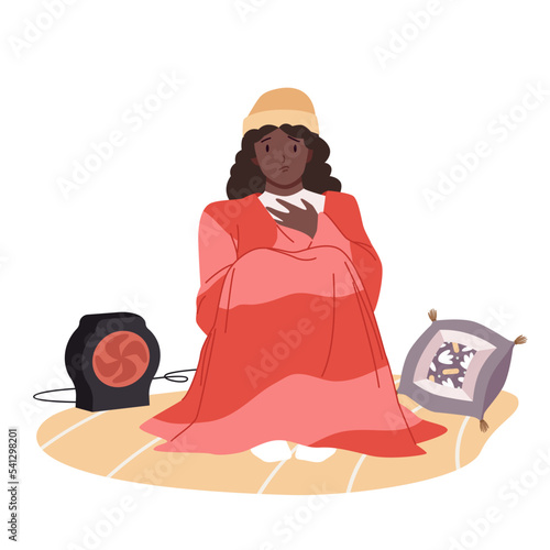 Unhappy young woman wrapped in warm blanket vector illustration. Cartoon isolated girl sitting on floor near heater, sick frozen female character suffering from cold season and health problem