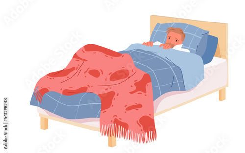 Sad sick young man lying on bed under blanket vector illustration. Cartoon isolated person suffering from cold low temperature at home, depressed sleepy guy covered with two plaids to keep warm