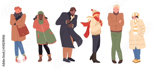 Frozen people in casual outerwear in cold season set vector illustration. Cartoon isolated sad male and female characters wearing warm jacket, hat and gloves, suffering from low temperature outdoor