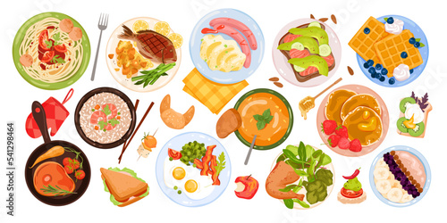 Tasty food set vector illustration. Cartoon isolated cereal breakfast with fruit in bowl, avocado and salmon morning toast, fried bacon and eggs, fish and meat with vegetables in pan top view