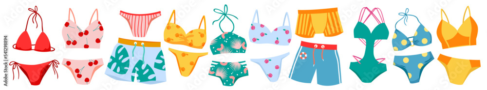 Swimwear set vector illustration. Cartoon isolated swimsuit and underwear template collection for man and woman, fashion shorts, panties and pants, casual bikini and bra to swim, beachwear models - obrazy, fototapety, plakaty 