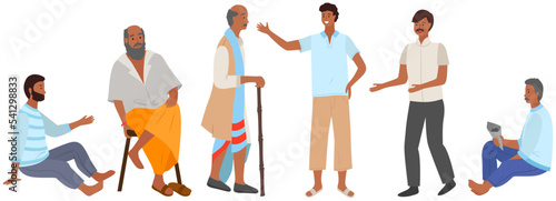 Different indian old and young men characters set in flat style isolated on white. Differences hindu ethnic people smiling faces in traditional clothing. Asian people adult and elderly persons