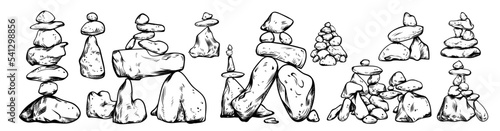 Pile of balance stones, outline icon set vector illustration. Abstract stack of round pebbles, hand drawn rocks of different shapes, heap of sea cobbles in row. Zen buddhism, meditation concept