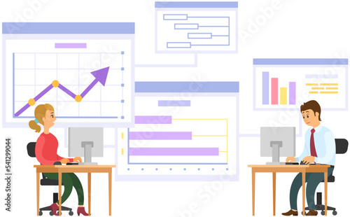 Businessteam stands in front of screen with chart. Office employees brainstorming, have teamwork for company finance development. Colleagues conduct analytics of statistical data, diagram on banner