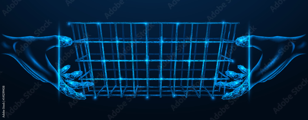 Hands holding an empty shopping basket. Polygonal design of interconnected lines and points. Blue background. Hands holding an empty shopping basket. Polygonal design of interconnected lines and points. Blue background.