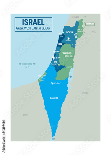 Israel country political map, including Golan Heights, West Bank and Gaza Strip. Detailed vector illustration with isolated provinces, departments, regions, cities, and states easy to ungroup.