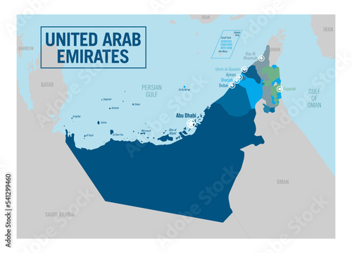 United Arab Emirates country political map. Detailed vector illustration with isolated provinces, departments, regions, cities, islands and states easy to ungroup.