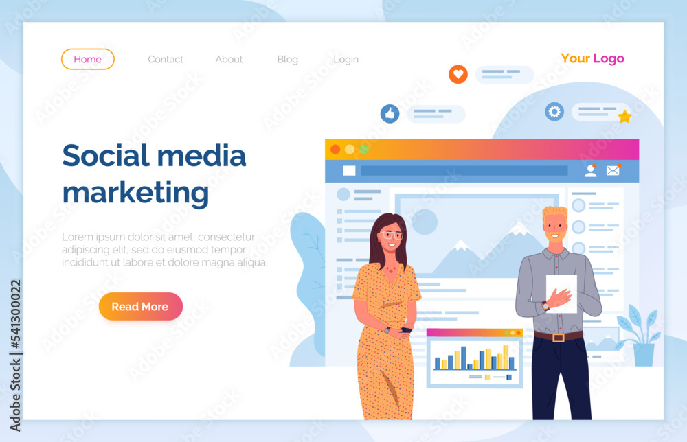 Networking, social media marketing website template. Team works with attraction of customers, increase popuarity of web, promotion. Creating work profile in social network, digital promotion concept Networking, social media marketing website template. Team works with attraction of customers, increase popuarity of web, promotion. Creating work profile in social network, digital promotion concept