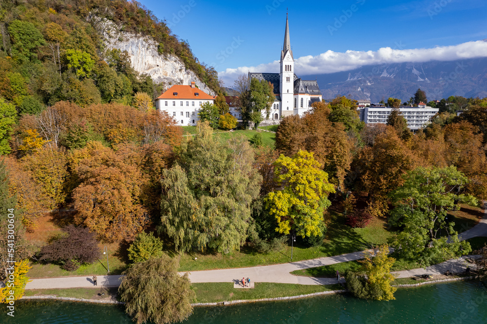 Lake Bled in autumn, photo from the drone, Slovenia