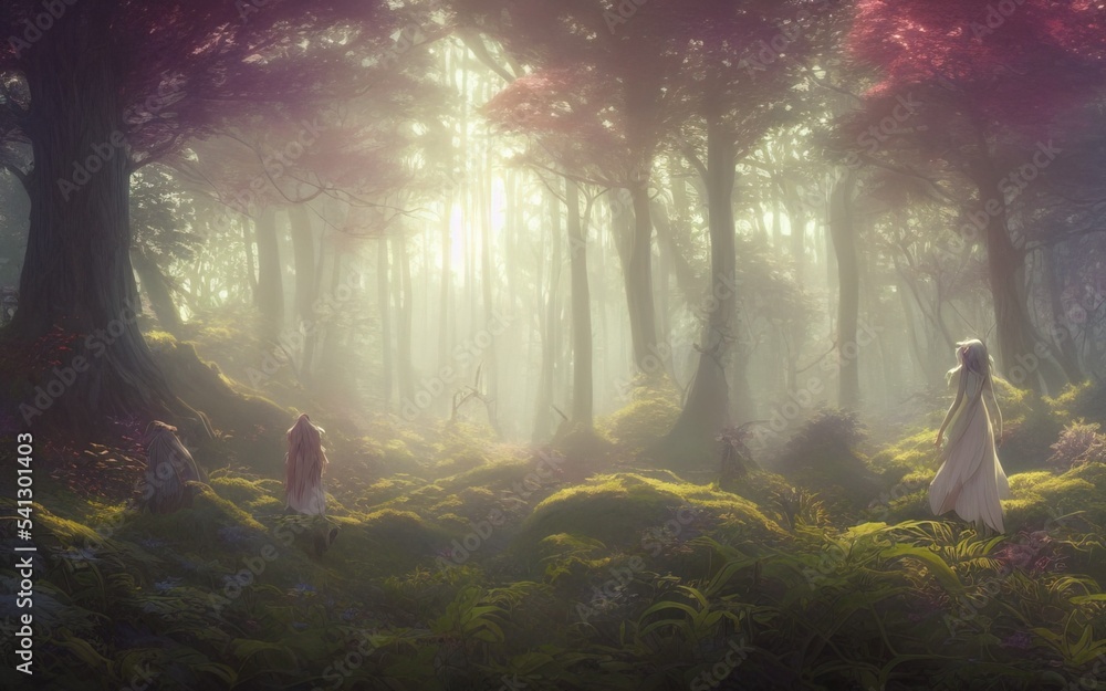 Obraz premium Fairy Summer forest magic scene. Warm sunlight shines through a mysterious haze. Beautiful natural landscape. Digital painting illustration.