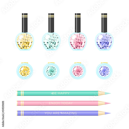Makeup cosmetics set. Cartoon illustration of bottles of sparkle nail polish, eye shadow cases and pastel eyeliner pencils isolated on a white background. Vector 10 EPS.