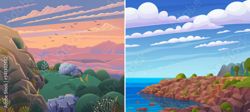 Mountain vector landscape with green hills, trees, lake and road. Nature summer tourism illustrations set. Forest on mountains river landscape. Spring season alpine wild nature outdoor scenery