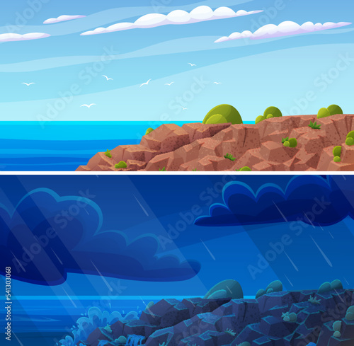 Storm on ocean rocky shore, rain shower falling. Rainy and sunny weather landscape with hills and river, Sea coastline with rocks around. Set of natural views of pond with clear and dark sky