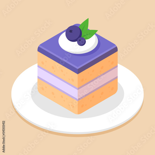 Piece of blueberry cube cake topping with blueberries on plate or dish. Delicious sweet dessert concept. Isometric food icon. Cute cartoon vector illustration element. Symbol of sweets. Cafe menu.