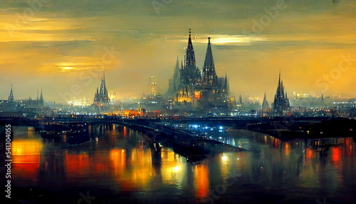Cologne skyline with Cologne Cathedral and the river Rhine at night and city lights in Germany. Digital art and Concept digital illustration.