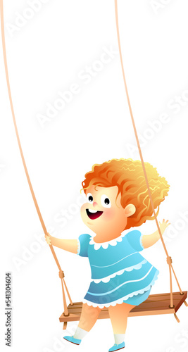 Cute little girl swinging, smiling happily. Joyful kids cartoon with child wearing summer dress, baby girl swinging. Childhood joy isolated clipart illustration for Kids.