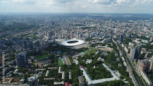 Olympic Stadium. Kyiv. Ukraine. City center. Football field. Contemporary design. Aerial photography. Tribunes.  Places for fans.