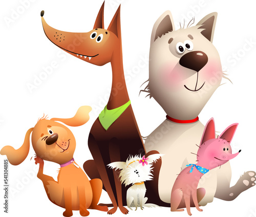 Funny group of different dogs sitting together, doggy friends company. Vector hilarious dogs graphics for pet shop or dog show. Hand drawn illustration.