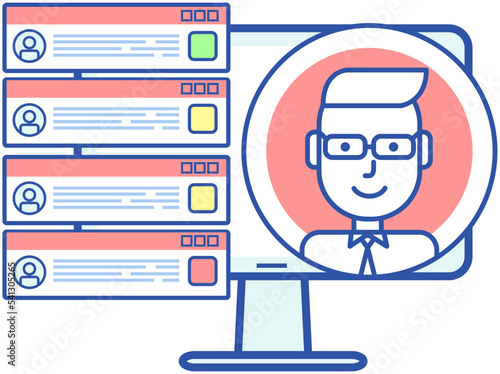 Remote comunication app for computer. Distance chatting, internet video call chat with friends. Program for virtual teleconferencing, teamwork. Man during online meeting and chatting in messenger