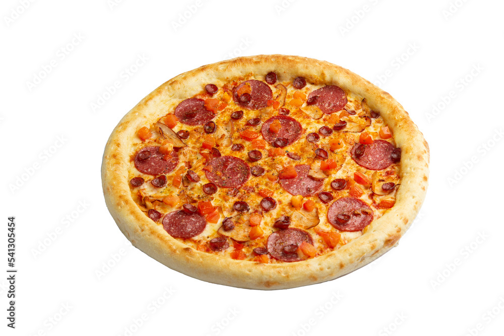 Big pizza with pepperoni and sausages. Selective focus. Transparent.