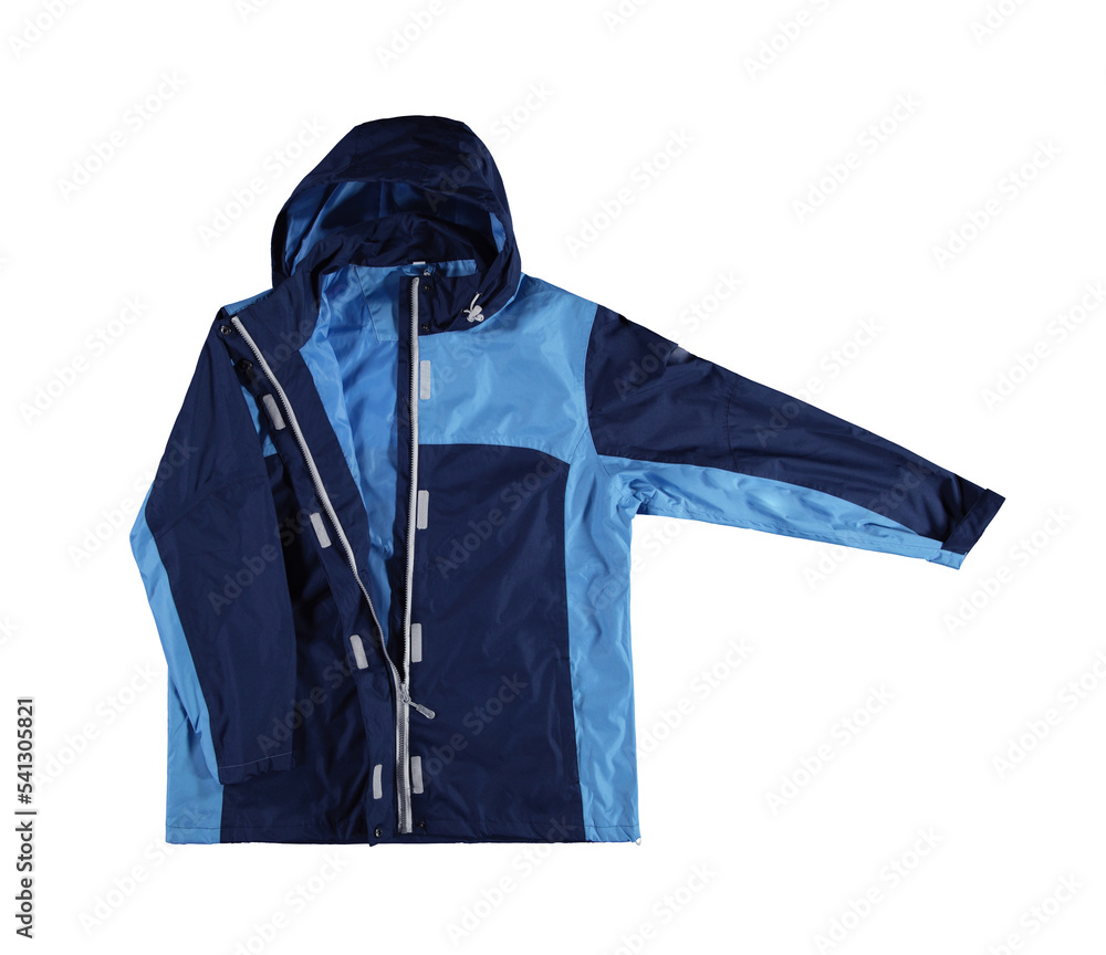 Blue raincoat with a hood. Open zipper. Isolated image on a white background. Nobody. Front view. Blue raincoat with a hood. Open zipper. Isolated image on a white background. Nobody. Front view.