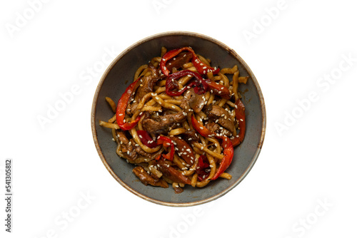 
Noodles with meat and vegetables in a plate. Transparent. photo