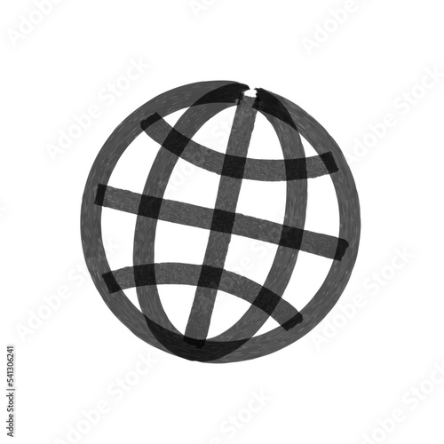 Hand drawn black wireframe earth grid icon. Globe sphere symbol. Stock vector illustration isolated on white background.