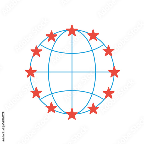 Blue linear Globe grid with ring of stars around it. Stock vector illustration isolated on white background.