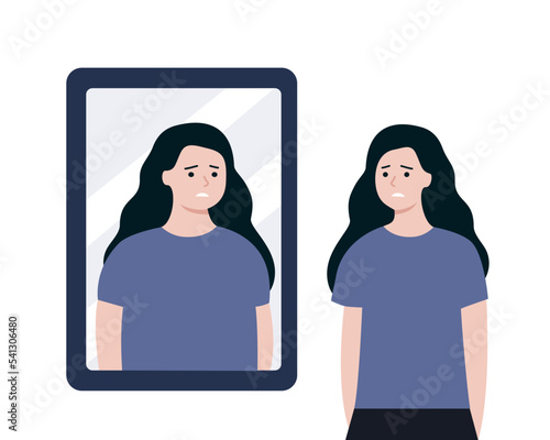 Depressed Teenage girl looking at mirror reflection, viewing herself as fat. Self esteem, Unhealthy diet, weight control, Mental Disorder concept. Flat vector design illustration.