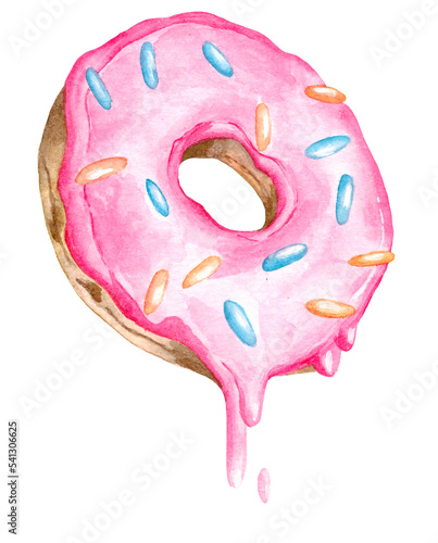 Watercolor pink donut . Sweet dessert with strawberry filling