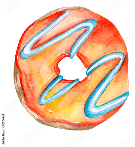 Watercolor orange donut . Sweet dessert with strawberry filling