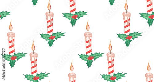 Burning candle and holly berry Christmas plant vector seamless pattern. Reg green holly berry evergreen shrub, burning candles holiday atmosphere traditional Christmas symbols. Wrapping paper seamless