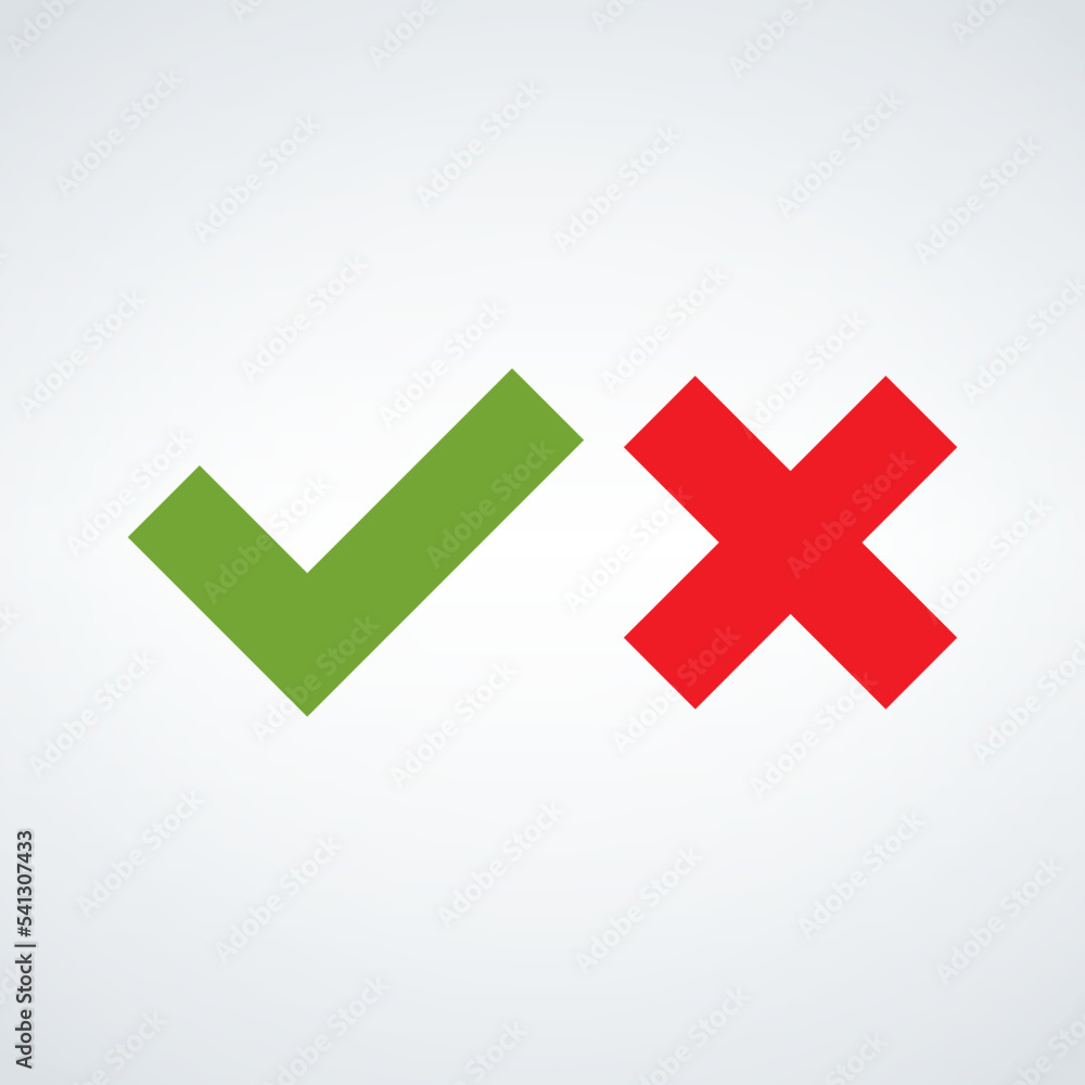 Checkmark cross tick sign in green and red. Correct wrong Test question button. Stock vector illustration isolated on white background. Checkmark cross tick sign in green and red. Correct wrong Test question button. Stock vector illustration isolated on white background.