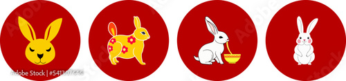 Rabbit Year chinese zodiac. Lunar horoscope symbol outline icon set. Red golden silhouette of bunny