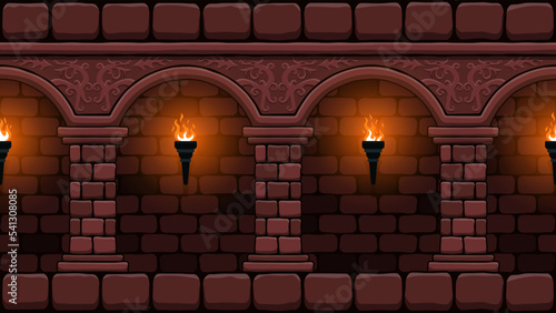 Medieval castle corridor with burning torches. 2d Game seamless background.