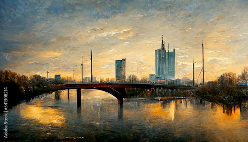 Frankfurt skyline in the evening with Ignatz Bubis Bridge Germany. Digital art and Concept digital illustration. photo