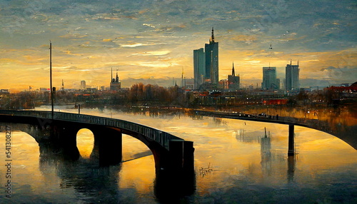 Frankfurt skyline in the evening with Ignatz Bubis Bridge Germany. Digital art and Concept digital illustration. photo