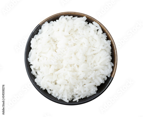 Bowl of cooked rice isolated on white background, top view with PNG. photo