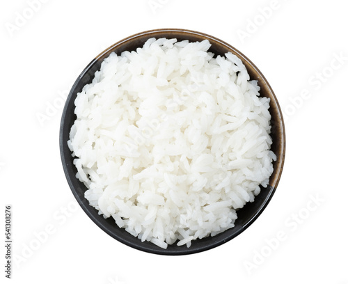 Bowl of cooked rice isolated on white background, top view with PNG.