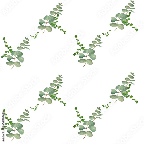 Watercolor composition of eucalyptus and succulent leaves. Pattern. White background. It can be printed on fabrics, when designing websites, when developing advertising banners.