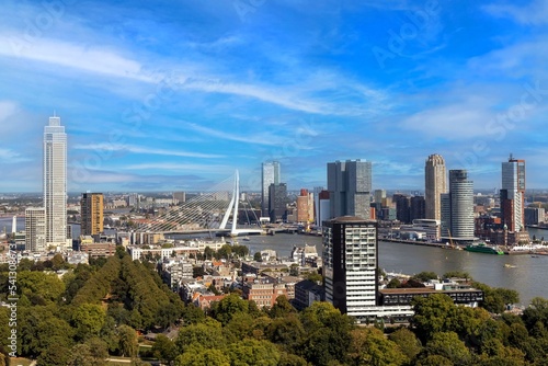 Skyline of Rotterdam city with Erasmus bridge from the Euromast tower.