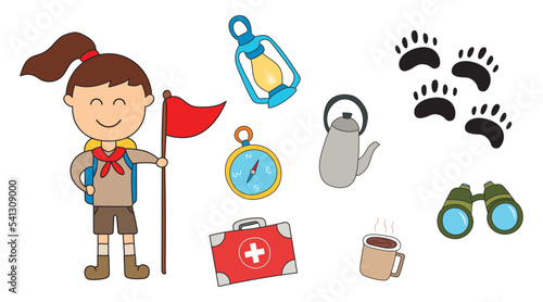 Set of camping supplies. Cute little kid is camping into the wild. Children adventure camping tools and equipments. Vector illustration in a flat style on a white background. All objects are isolated