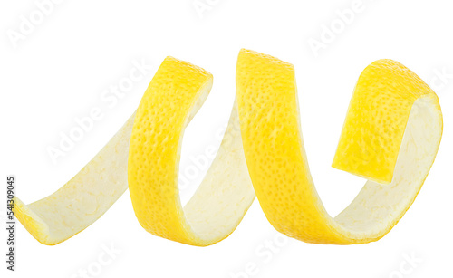 Lemon zest spiral isolated on a white background. Lemon skin, Vitamin C.
