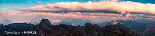 High resolution stitched panorama sunset at the famous Saentis summit, Schwaegalp, Appenzell, Alpstein, Switzerland photo