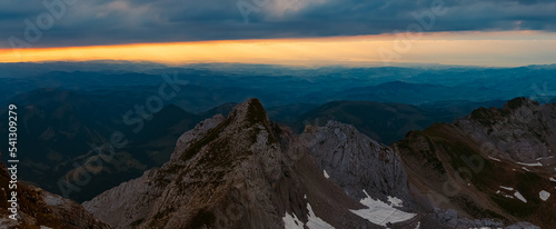 High resolution stitched panorama sunset at the famous Saentis summit, Schwaegalp, Appenzell, Alpstein, Switzerland © Martin Erdniss