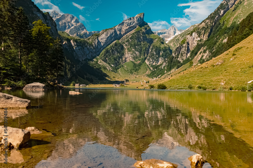 The Saentis summit in the background with reflections at the famous Seealpsee lake, Innerrhoden, Appenzell, Alpstein, Switzerland