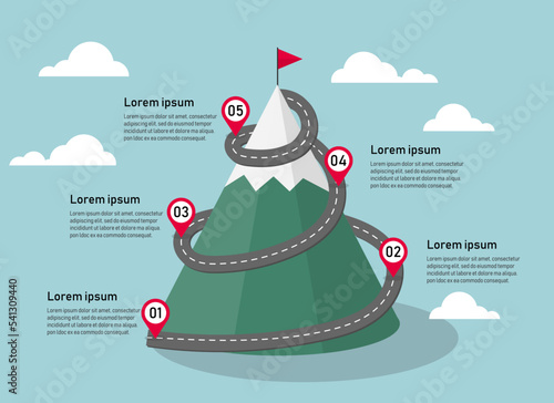 business mountain to success infographic 5 element. route to goal. leadership and motivation. business to mission concept ector illustration in flat style modern design.