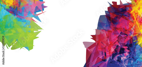 Abstract bright colorful template with polygonal random shapes on white background. Spikes of color burst create artistic border. Modern minimal geometric banner design.