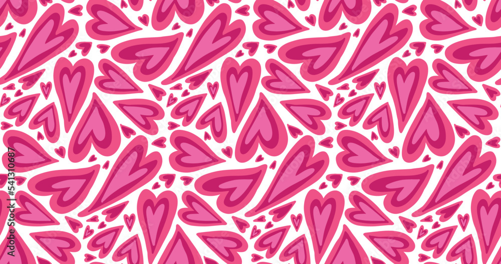 Groovy purple pink violet hearts Y2K 90s seamless pattern vector background. Retro hippie romantic repeat texture wallpaper, textile design.